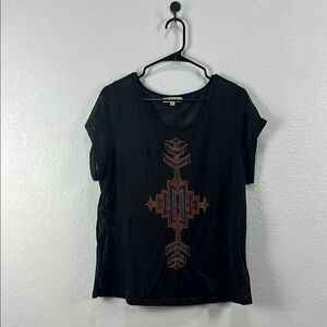 Umgee Women’s Black Embroidered Multi Color Detail  Art Cap Sleeve Tee Sheer 1XL